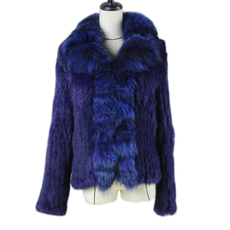 Casaco de pele de coelho real em malha, jaqueta com gola de pele de raposa, casaco grosso e genuíno de inverno para mulheres c17