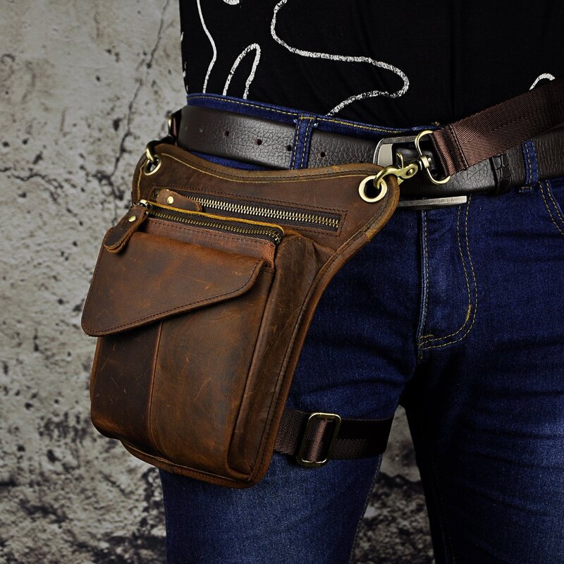 Bolsa de couro real de cera de óleo masculina clássica com estilingue transversal, mochila de motocicleta para viagem de moda, cinto de cintura, bolsa de perna, 211-3