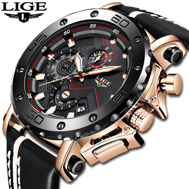 LIGE jam tangan besar pria, arloji olahraga konograf militer Quartz tahan air kulit 2023