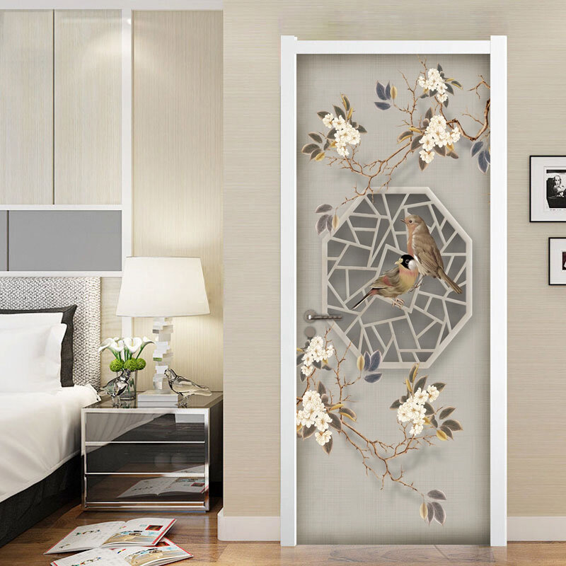 Autocollant de porte d'oiseau fleur Style chinois, peinture murale, pour salon, chambre à coucher, porte d'étude, bricolage, décoration murale