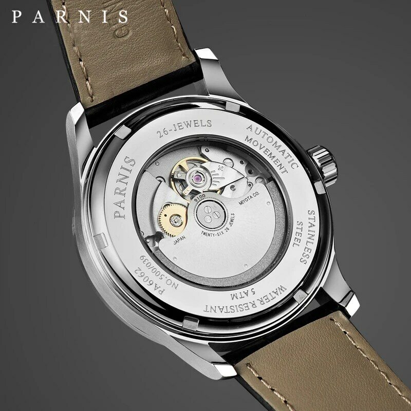 Nieuwe Casual 43Mm Parnis Automatische Horloge Gangreserve Maanfase Zakelijke Heren Mechanische Miyota 9100 Horloges Auto Date 2023
