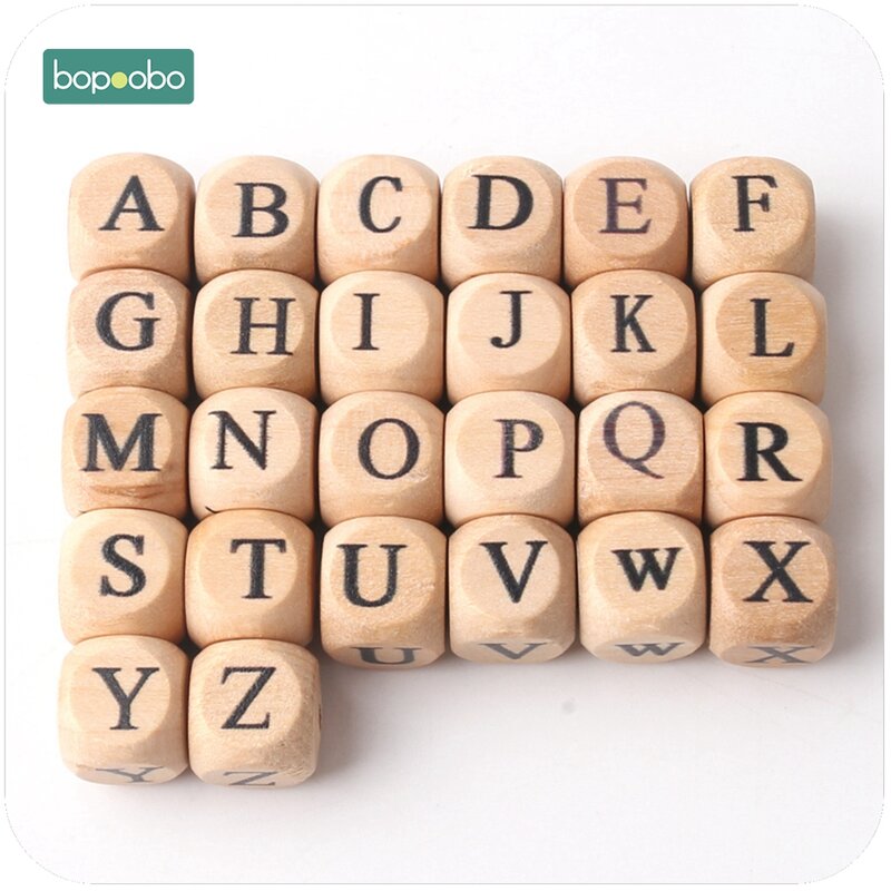 Bopoobo New Wooden Maple Square Shape Beads 12mm 20pc Chew Food Grade Teether Letter Beads DIY Crafts Sensory Chewing Toy