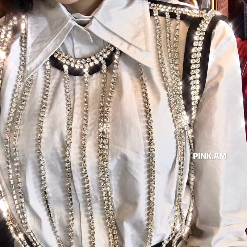 Cakucool Nieuwe Bling Diamanten Ketting Vest En Witte Lange Mouw Blouse Shirt Chic Hollow Out Blusas Tops Koreaanse Vrouwelijke Blouses