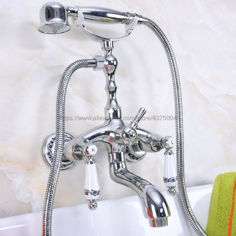 Grifo de bañera montado en la pared, doble manija, mezclador de cromo pulido, grifos de ducha de baño con ducha de mano Nna216