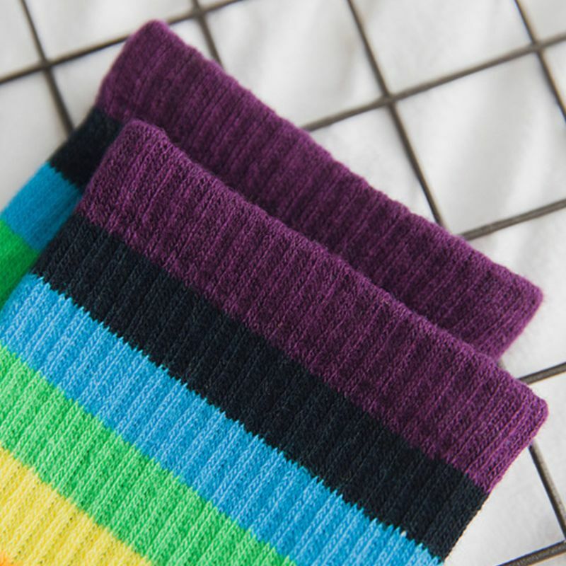 Unissex adolescentes contraste cor arco-íris listrado tripulação meias harajuku hip-hop esportes streetwear hipster retro algodão longo tubo meias