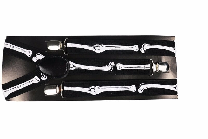 FOXMOTHER New Hip Hop 1 Inch Wide Clip On Adjustable Black Bone Skull Suspenders Braces Mens Womens