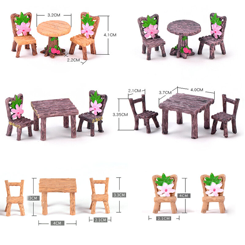3Pcs/Set Fairy Garden Table Chair Figures Miniature Landscape Resin Ornaments Figurine For Plants Bonsai Decoration