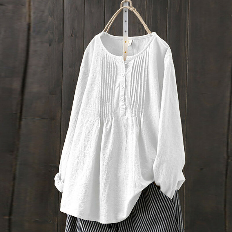 Blusa holgada de lino para mujer, camisa de manga larga con botones, color sólido, ropa de primavera