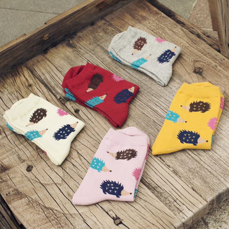 Calcetines cálidos de algodón suave para mujer, medias casuales de 5 colores con dibujos de animales, erizo, invierno, 1 par