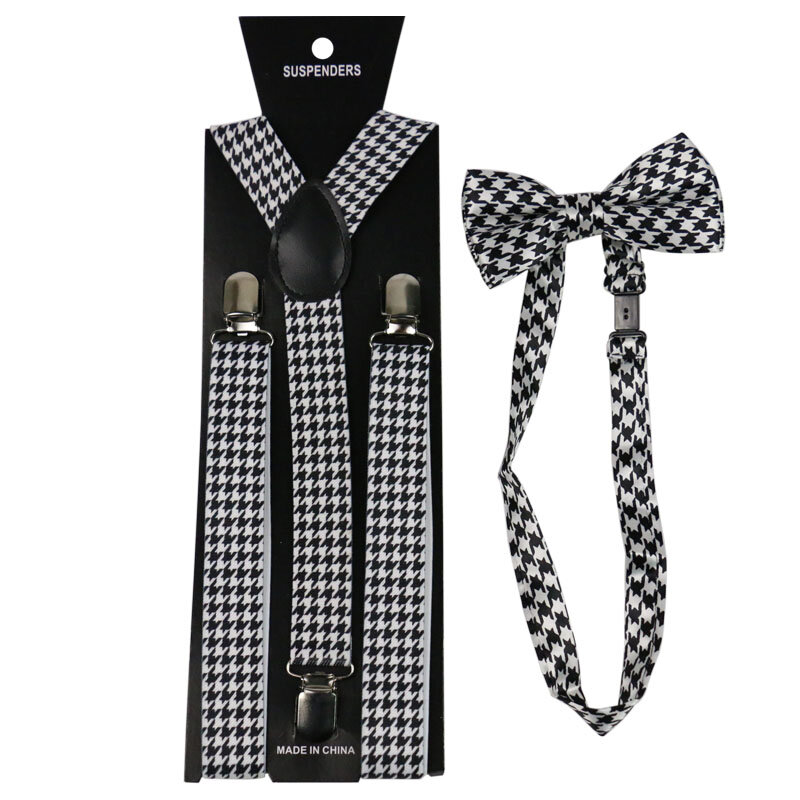 Winfox Fashion Black White Houndstooth Bow Tie And Suspenders Sets For women Men