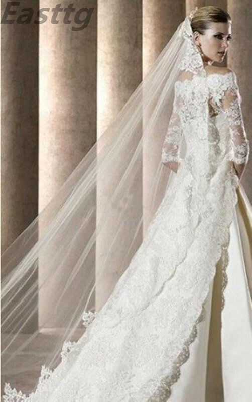 Venda quente real fotos véu de casamento laço catedral longo acessórios casamento branco marfim 3 m voile casamento véu nupcial com pente