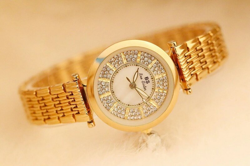 Relógio de pulso feminino com cristais, relógios de pulso luxuosos de aço inoxidável e quartzo, para moças com data