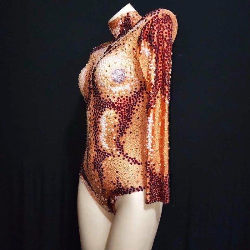 Sexy Rhinestones Sparkly AB Beads Orange Bodysuit Big Stretch Outfit Nightclub Birthday DS Costume Female Singer Dance Leotard