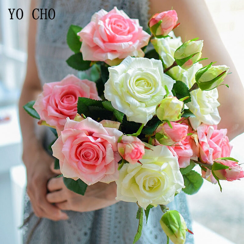 YO CHO Bride Wedding Bouquet Real Touch Rose Flower Artificial Silk Rose Marriage Supplies DIY Home Wedding Party Flower Decor