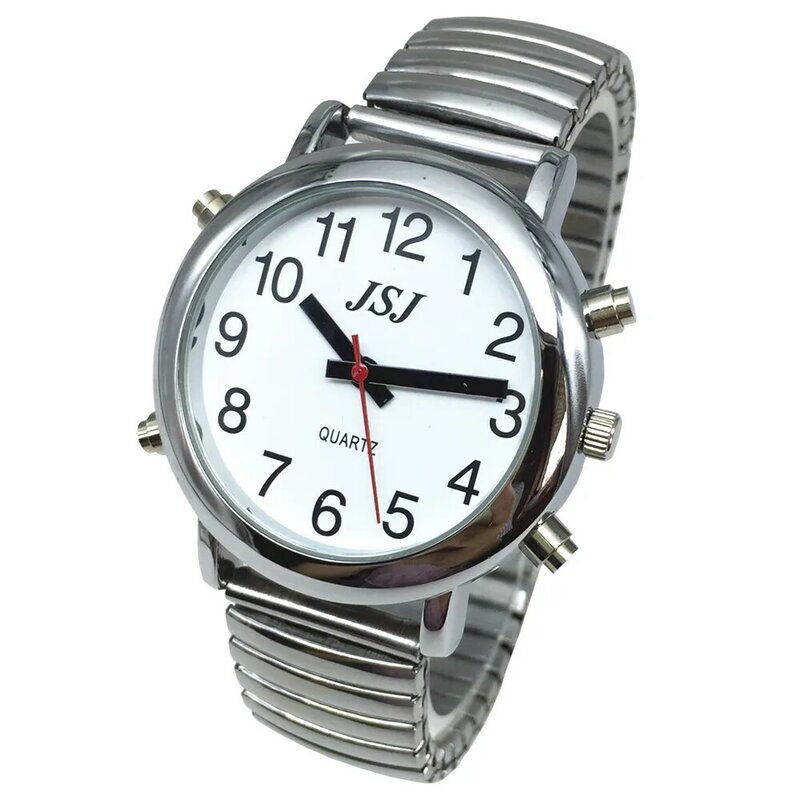 Engels Praten Horloge met Alarm, Witte Wijzerplaat, Zilveren Frame, Uitbreiding Band