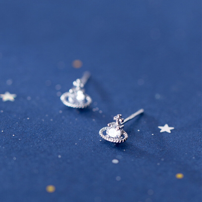 MloveAcc Classic 925 Sterling Silver Space Saturn Star Stud Earrings with CZ for Women Wedding Jewelry