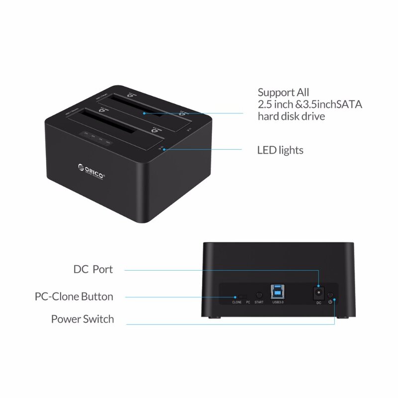 ORICO 2 Bay SATA USB3.0ภายนอกแท่นวางมือถือสำหรับ2.5 "/3.5" HDD พร้อมฟังก์ชั่น Clone 12V Power Adapter