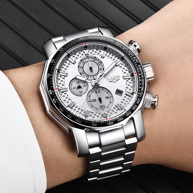 LIGE Uhren männer Kreative Quarz Chronograph Armbanduhren Luxus Edelstahl Uhr mit Leucht Uhr Relogio Masculino