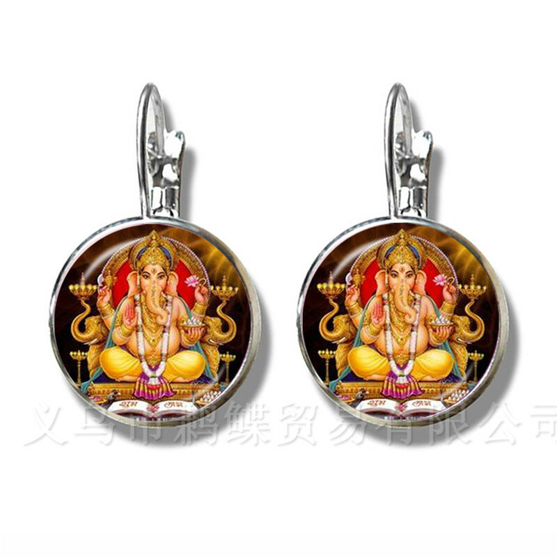 Glass Time Gem Earrings 16mm Ganesha Buddha Elephant Silver Plated Stud Earrings Handmand Classic Jewelry For Women Girls