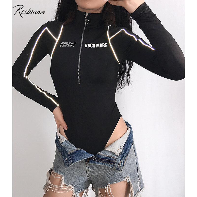 Rockmore Bodycon manga larga reflectante rayas cremallera Bodysuit mujer letra impresa señoras Bodysuits Streetwear Otoño Invierno
