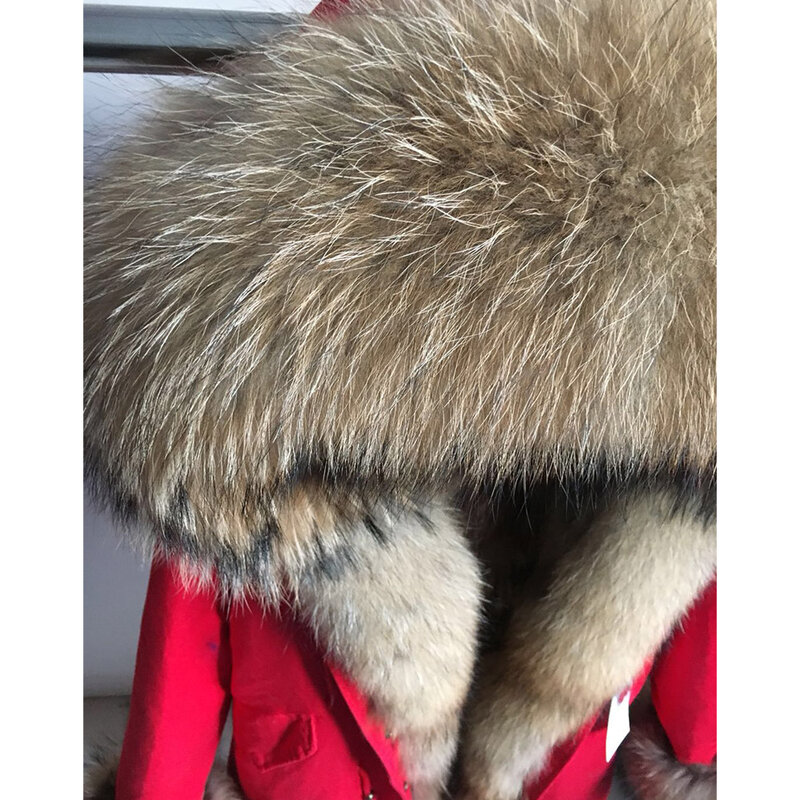 MAOMAOKONG จริง Fox ขนสัตว์ฤดูหนาวแจ็คเก็ตผู้หญิงยาว Parka ธรรมชาติ Raccoon Collar Hood หนาที่ถอดออกได้ซับขนสัตว์ Coat