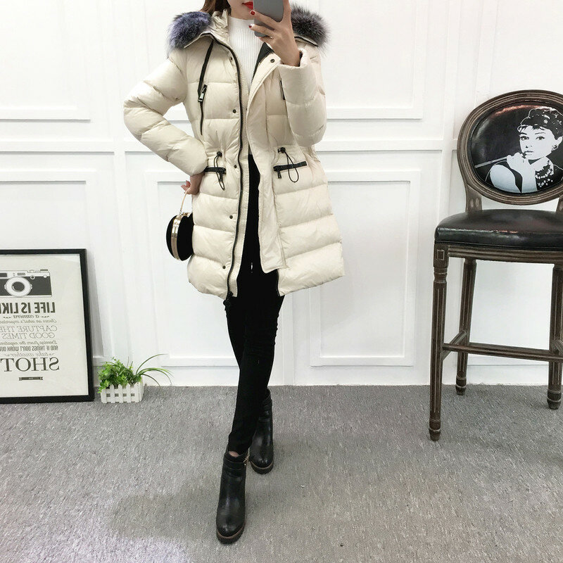 Chaqueta de plumón de pato para mujer, abrigo largo coreano con cuello de piel grande, cálido blanco, KJ2617, 2020