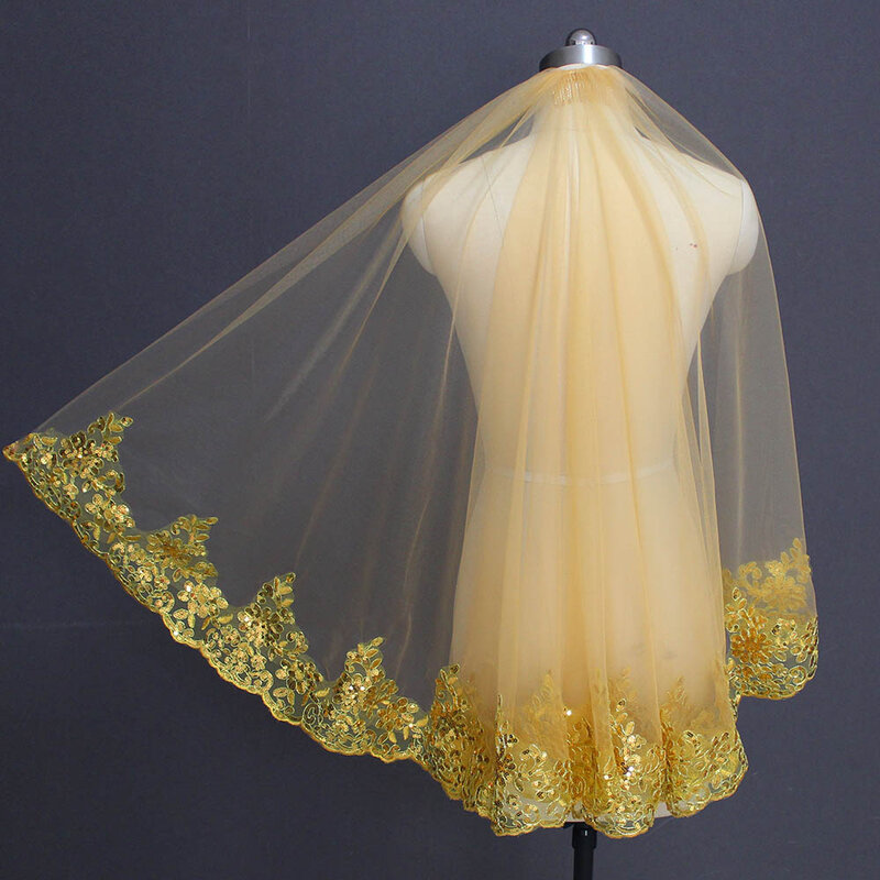 طرحة زفاف مطرزة من الدانتيل الذهبي ، طبقة واحدة ، طرحة زفاف ملونة قصيرة مع مشط ، إكسسوارات زفاف