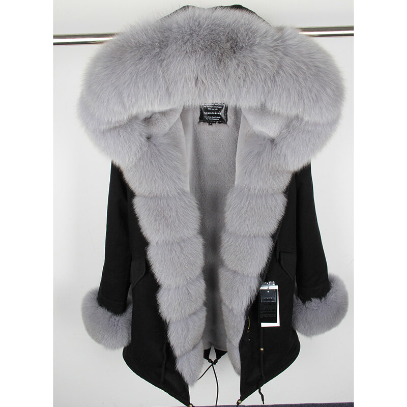 MaoMaoKong-Casaco Natural Real Fox Fur para mulheres, parka com capuz quente, preto, impermeável, roupa feminina, luxo, inverno