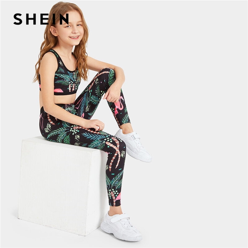 Shein kiddie criança meninas plantas imprimir colheita superior e cintura elástica leggings definir 2019 verão sem mangas activo wear conjuntos de terno