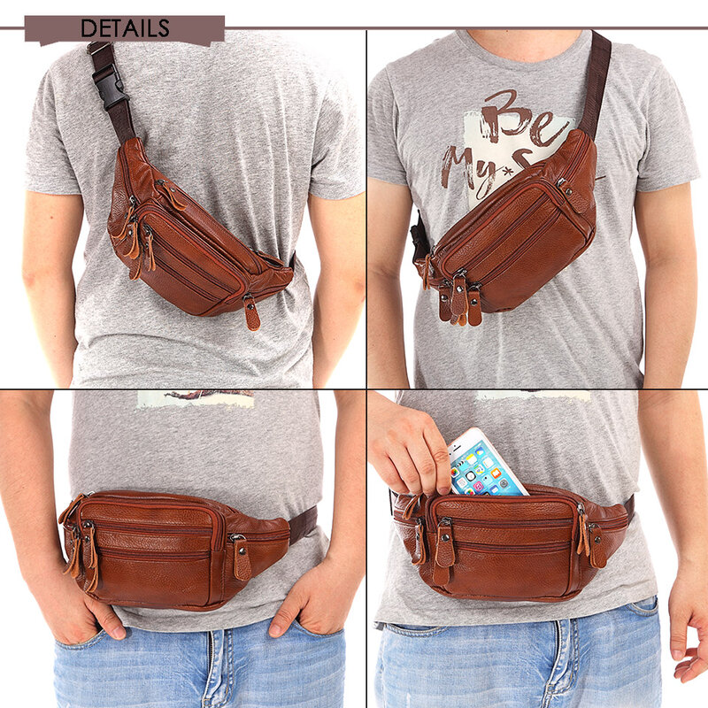 Pochete de couro genuíno, bolsa masculina de couro genuíno, pochete para celular de marca, bolsa de cintura para viagem