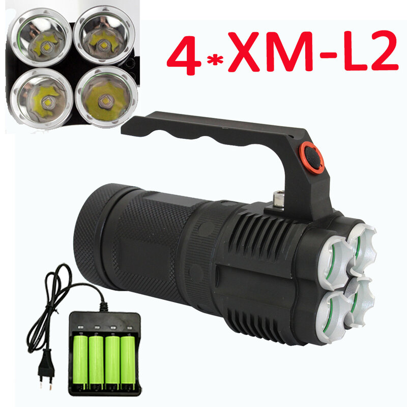Linterna táctica de XM-L2, 4x L2 LED, 4500LM, 4 modos, lámpara de luz para pesca al aire libre, caza + batería 4x18650 + cargador