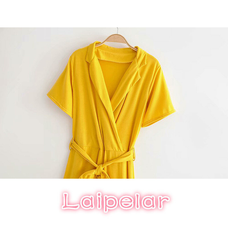 섹시한 v 넥 짧은 소매 레이스 업 하이 웨스트 점프 슈트 여성용, 노란색, 우아한 캐주얼 스트리트웨어, 여름