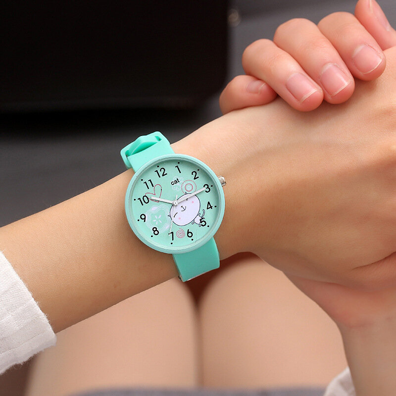 ซิลิโคนสี Candy นาฬิกาเด็กนักเรียนหญิงนาฬิกาเด็กแฟชั่นนาฬิกาข้อมือควอตซ์รูปแบบแมวน่ารักเด็กนาฬิกา