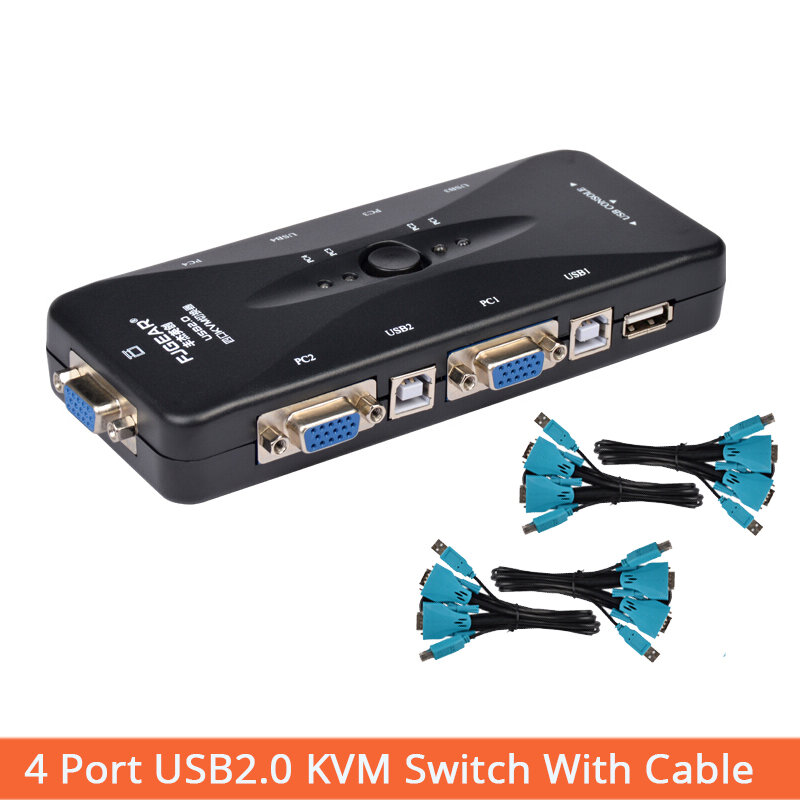 4 Port KVM USB Hub Switch Box Hitam Selector Adattatore CON 4 Pz Kabel VGA Per PC Tastiera Mouse Monitor 1920*1440 Commercio
