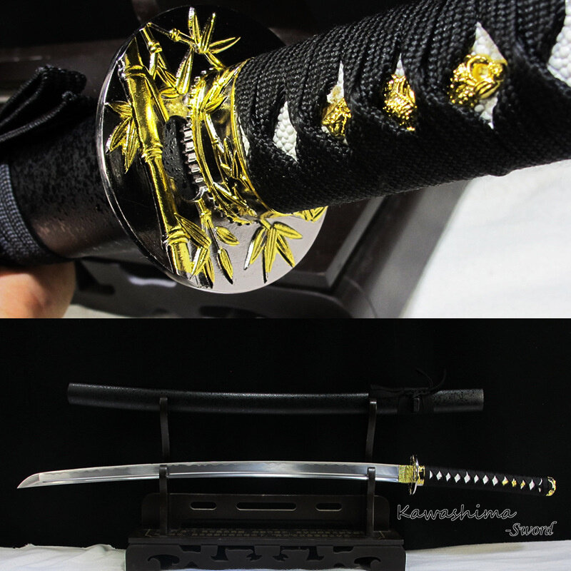 Katana japonesa de acero Real con ranura para la sangre frotada a mano, Color negro Tang completo, funda de madera negra afilada, espada decorativa