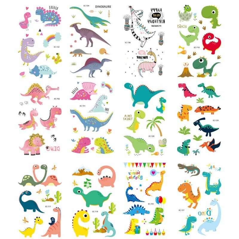 Dinosaur Temporary Tattoos For Kids Boys Birthday Party 300 Tattoos (Pack of 24 Sheets) Waterproof Dinosaur Sticker Party Supply