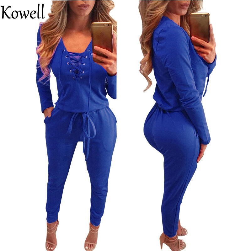 Kowell 2018 Nuovo Stile di Modo di Autunno Donne Sexy Tute e Tute da Palestra Profondo Scollo A V A Maniche Lunghe Irregolarità Tute e Tute da Palestra