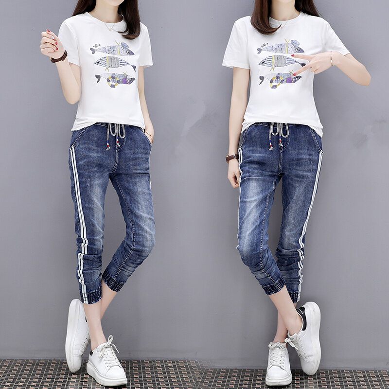 New fashion in 2019 Women Sequined Cartoon picture Pattern Letter Short Sleeve Tshirt +Jeans 2PCS Clothing Sets Suits