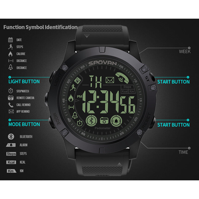 Spovan relógio de pulso, esportivo, preto, militar, qualidade militar, plástico, bluetooth, à prova d' água, data