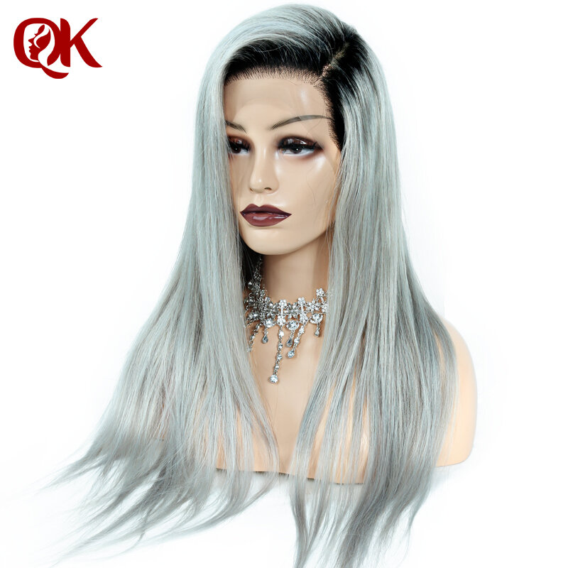 QueenKing hair Lace Front Wig 150% Density Ombre T1B Grey Silky Straight Preplucked Hairline 100% Brazilian Human Remy Hair