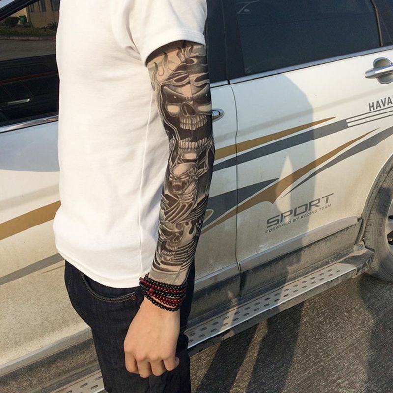 Mens Fake Tattoo Sleeves Cover Unisex Party Body Art Temporary Sunscreen Tiger Skull Clown Digital Printing Arm Warmer Protector
