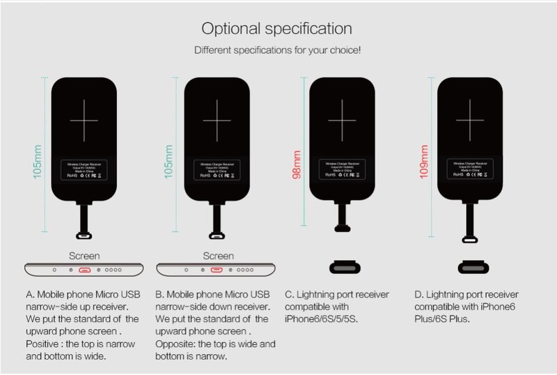 Nillkin Magic หมวดหมู่ QI Wireless Charging Receiver Micro USB / Type C Adapter สำหรับ iPhone 5 5s SE 6 6 S 7 Plus สำหรับ Samsung S6 S7 Edge
