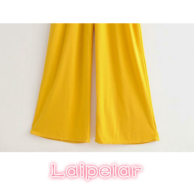 Kuning Wanita Jumpsuit Seksi V Leher Lengan Pendek Renda Jumpsuit Musim Panas Elegan Kasual High Waist Streetwear Panjang Overall