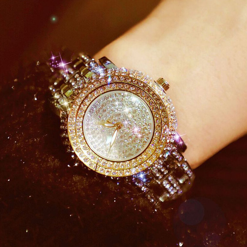 Relógio de quartzo feminino, cristal, aço inoxidável, strass, luxo, novo, 2019