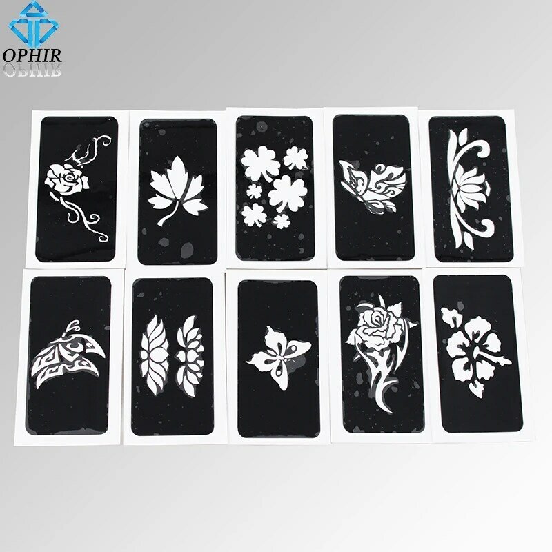 OPHIR 10x szablony Airbrush seria kwiatów i motyli do malowania ciała szablony do tymczasowego tatuażu, zestaw do tatuażu 7.1x3.6cm _ TA032A