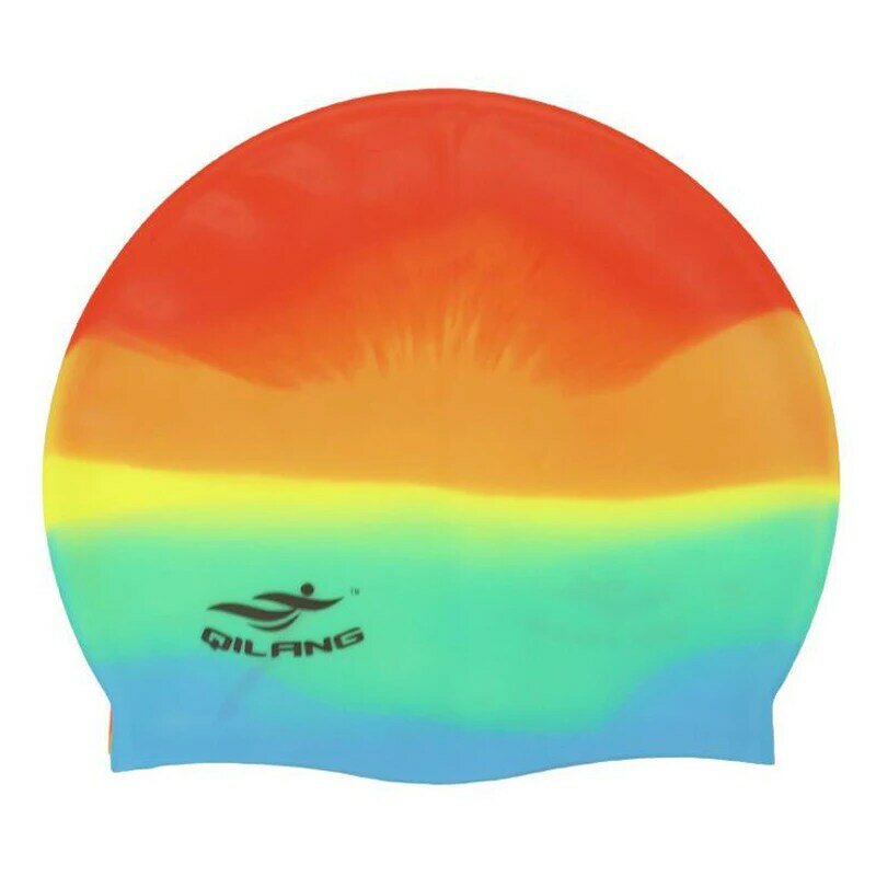 Topi renang silikon tahan air wanita pria, topi pelindung rambut panjang telinga pelangi warna-warni, topi renang untuk dewasa