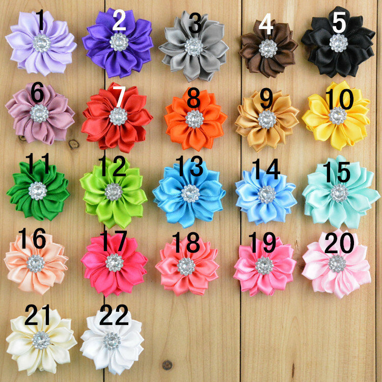 100 pcs/lot  22 colors DIY Ribbon handmade flowers with rhinestone center