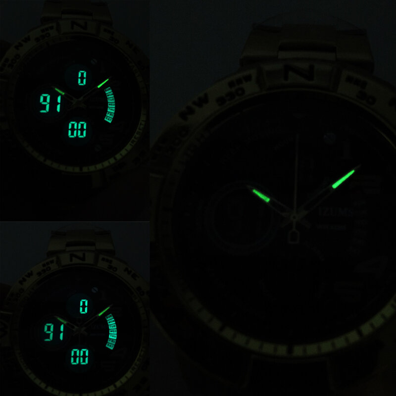 MIZUMS Men Watch Gold Quartz Analog Digital LED Display Steel Band Sport Business Stop Watches for Men Chrono Military Clock