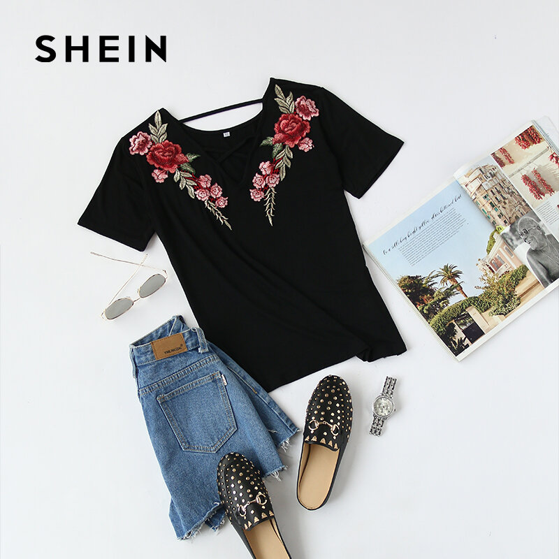 SHEIN Rose Patch Embroidery Black Crisscross Tee,2017 Summer Women Fashion V Neck T-Shirt, Loose Shorts Clothing