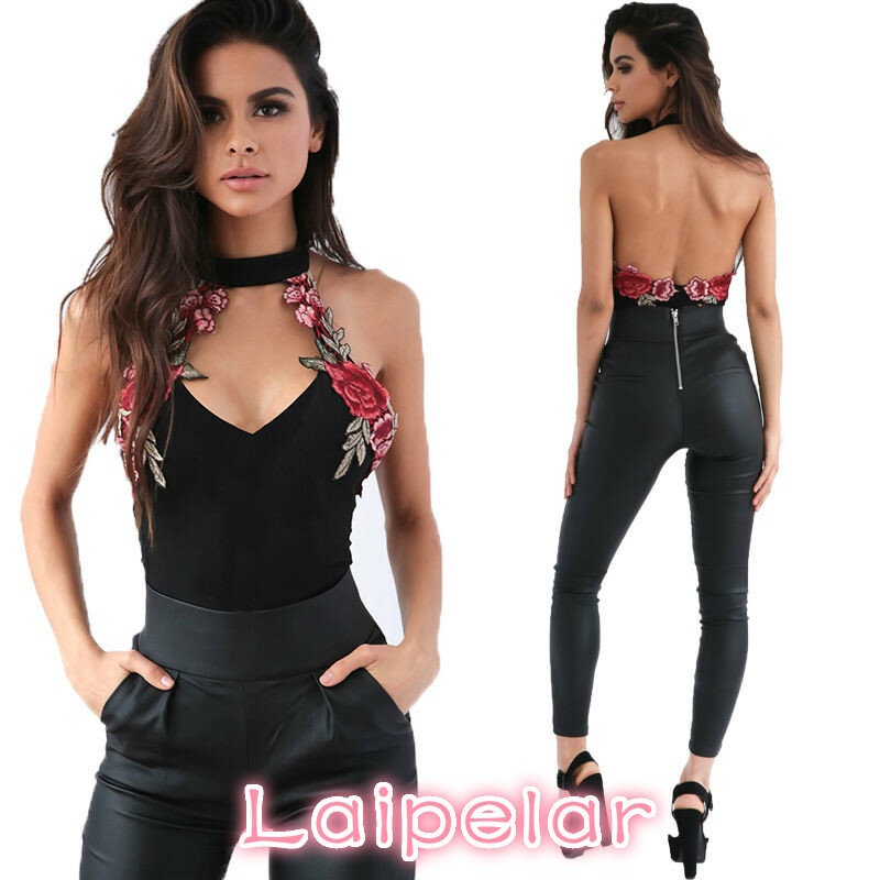 Sexy Bodysuits Women Floral Embroidered Lady Choker V-Neck Party Leotard Bodysuit Jumpsuits Tops Laipelar